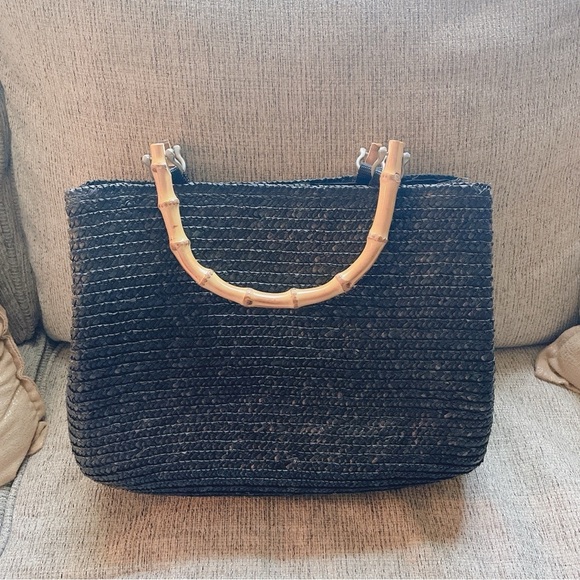 Handbags - Elegant Black Woven Straw Tote Bag with Bamboo Handles